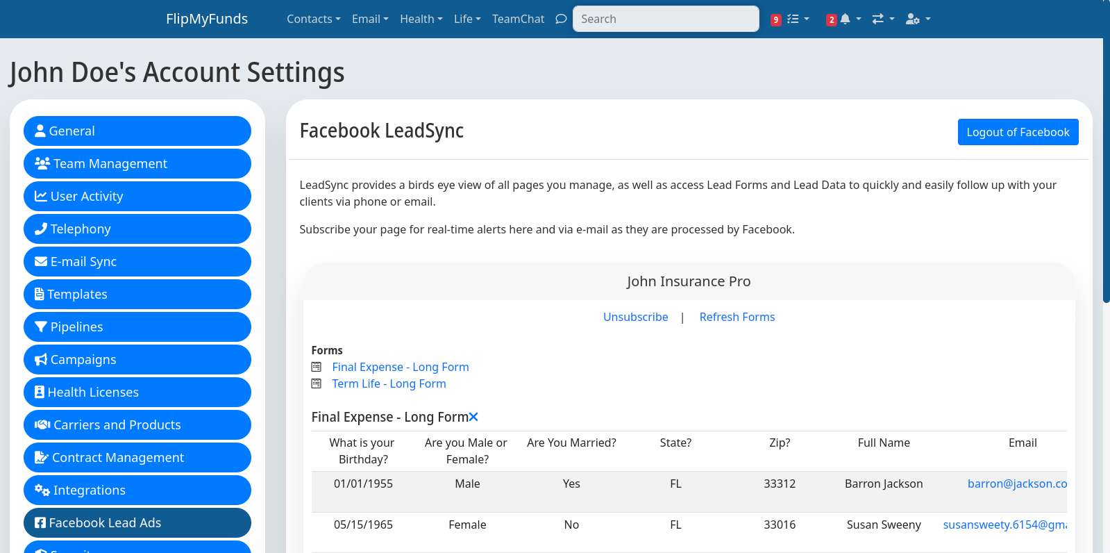 Settings Page displaying a Facebook Leads Integration