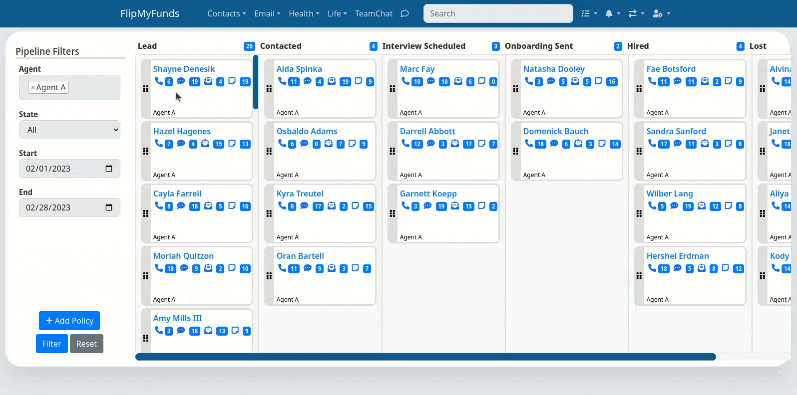 Example of the customizable Pipeline system for a Recruiting Pipeline
